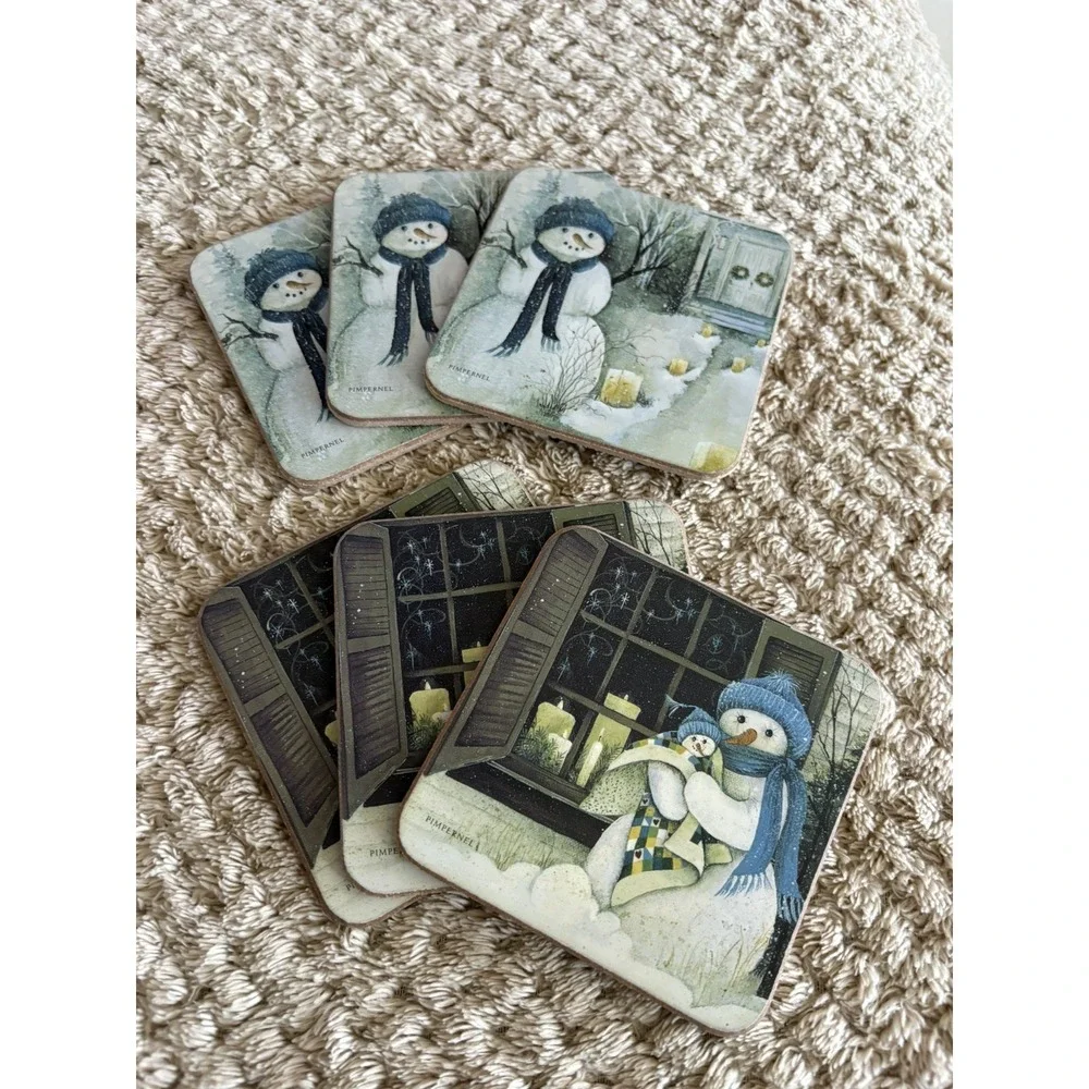 Set of 6 Pimpernel Winter Christmas Snowman Coasters in Box Grandmacore MCM